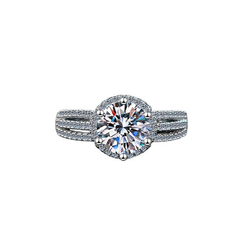  Front view of the 3-carat moissanite engagement ring in 925 silver, featuring a classic design that highlights its stunning brilliance.