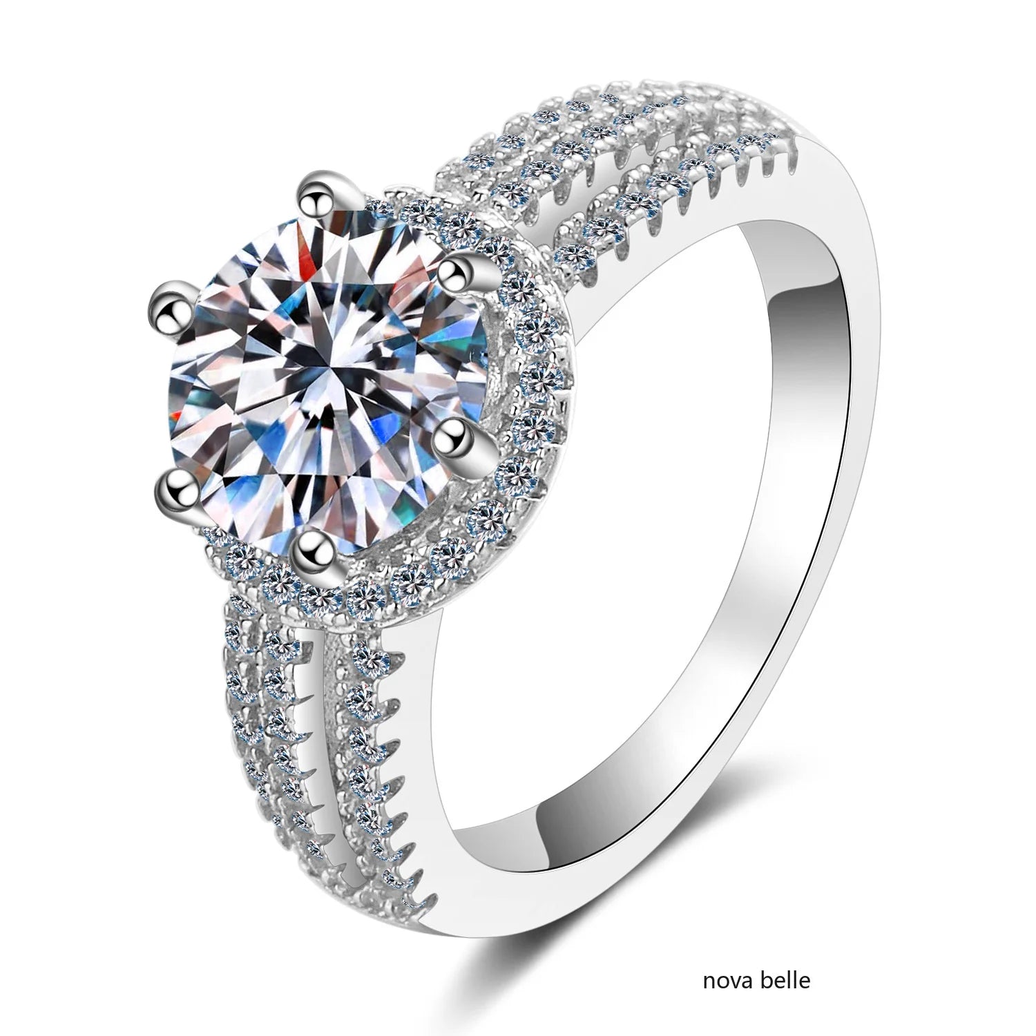 Front view of the 3-carat moissanite engagement ring in 925 silver, featuring a classic design that highlights its stunning brilliance