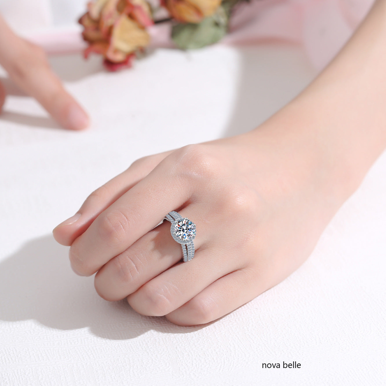 Model wearing the 3-carat moissanite engagement ring, illustrating its timeless elegance and how it complements any outfit.