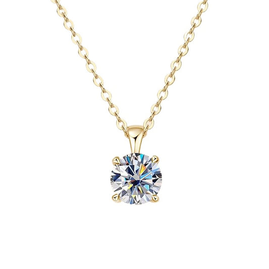 The 925 Silver-Plated 14k Gold Moissanite Four-Claw Necklace displayed on a whiteboard background to emphasize its design and brilliance.