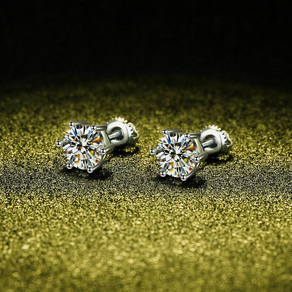 Side view of the 925 silver stud earrings featuring 1 carat moissanite, highlighting their classic profile and secure setting.