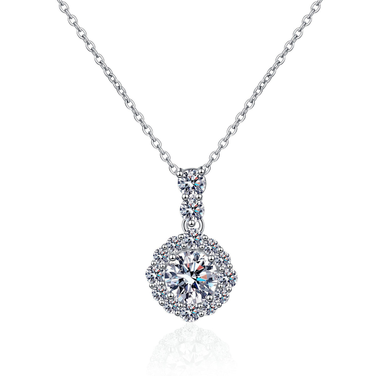 The 925 silver 1 carat round moissanite pendant necklace displayed on a white background, emphasizing its elegant design and quality craftsmanship.