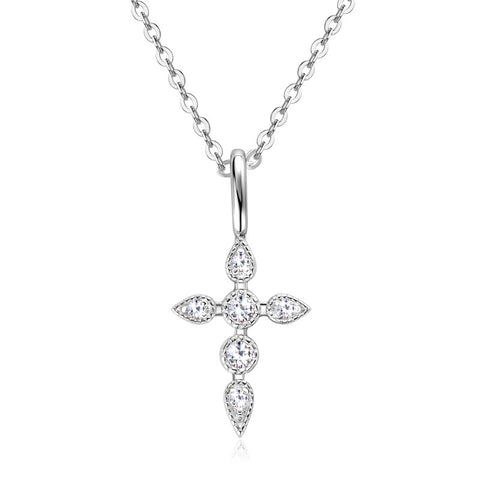 The 925 silver 14K gold moissanite 3D cross necklace displayed on a white background, highlighting its exquisite design and luxurious appeal