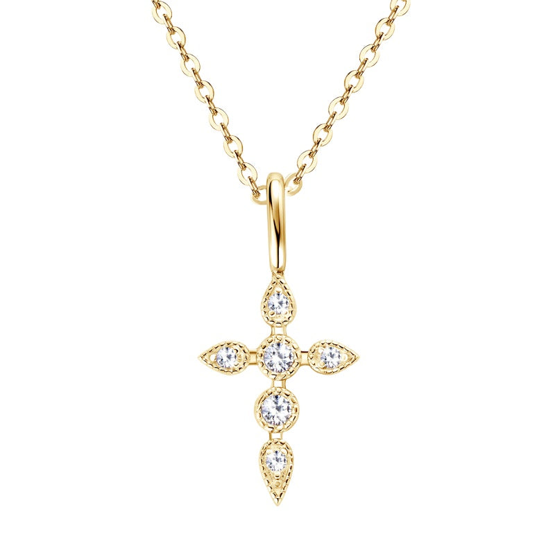 The 925 silver 14K gold moissanite 3D cross necklace displayed on a white background, highlighting its exquisite design and luxurious appeal