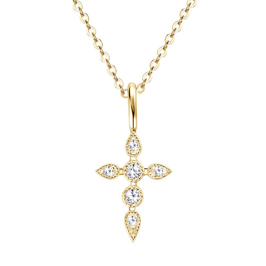 The 925 silver 14K gold moissanite 3D cross necklace displayed on a white background, highlighting its exquisite design and luxurious appeal