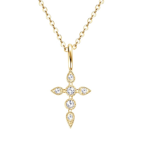 The 925 silver 14K gold moissanite 3D cross necklace displayed on a white background, highlighting its exquisite design and luxurious appeal