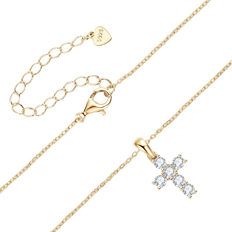  Close-up detail of the Moissanite stones on the 925 Silver 14K Gold Cross Necklace, emphasizing the brilliance and quality.