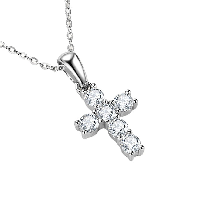 925 Silver 14K Gold Moissanite Cross Necklace displayed on a white background for a clear view of its design and features.