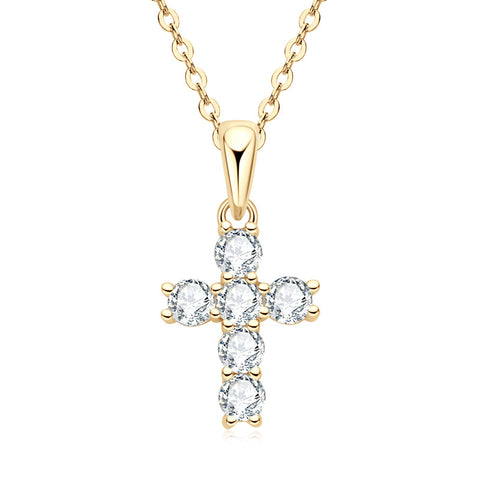 925 Silver 14K Gold Moissanite Cross Necklace displayed on a white background for a clear view of its design and features.