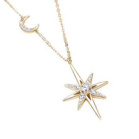 Side view of the 925 Silver 14K Gold Moissanite Octagram Pendant Necklace, highlighting its elegant profile and craftsmanship