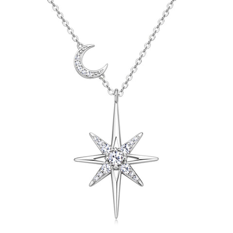  925 Silver 14K Gold Moissanite Octagram Pendant Necklace displayed on a white background for a clear and detailed view of its design and features.