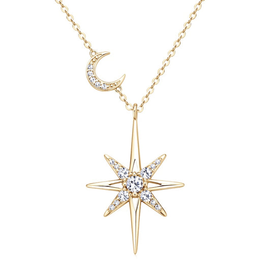 925 Silver 14K Gold Moissanite Octagram Pendant Necklace displayed on a white background for a clear and detailed view of its design and features.
