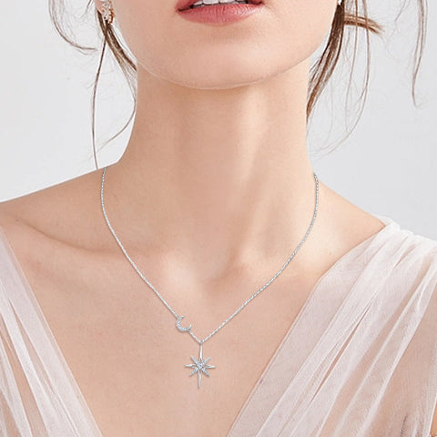 Model wearing the 925 Silver 14K Gold Moissanite Octagram Pendant Necklace, illustrating its stylish appeal and elegance in a real-life context.