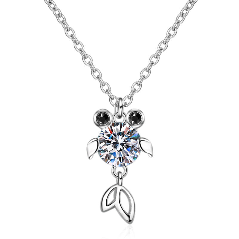 925 silver goldfish necklace displayed on a white background, emphasizing its exquisite design and moissanite embellishments.