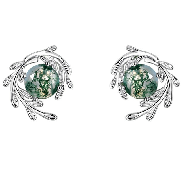 Front view of 925 silver greenstone agate stud earrings, showcasing their natural beauty and elegant design.
