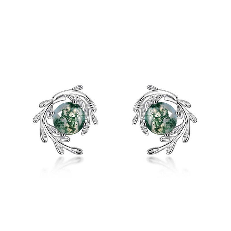 925 silver greenstone agate stud earrings displayed on a white background, emphasizing their exquisite design and natural stone.