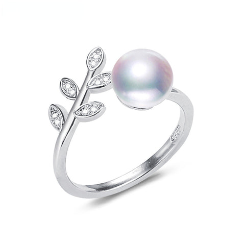 925 silver leaf pearl ring on a white background, providing a clean view of its design and craftsmanship.