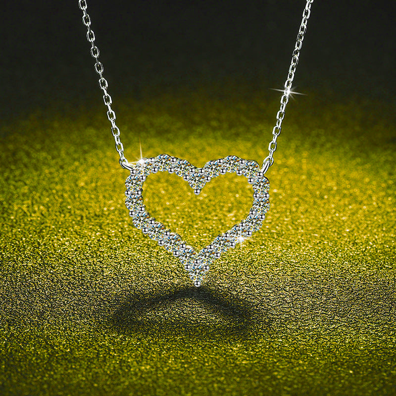 Front view of the 925 Silver Love Pendant Necklace, showcasing its intricate design and sparkling moissanite stones.