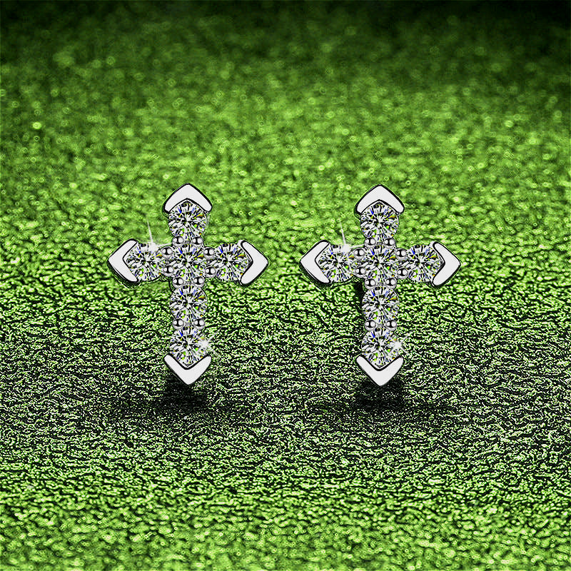 Front view of the 925 Silver Moissanite Cross Earrings, showcasing their elegant design and sparkling moissanite stones.