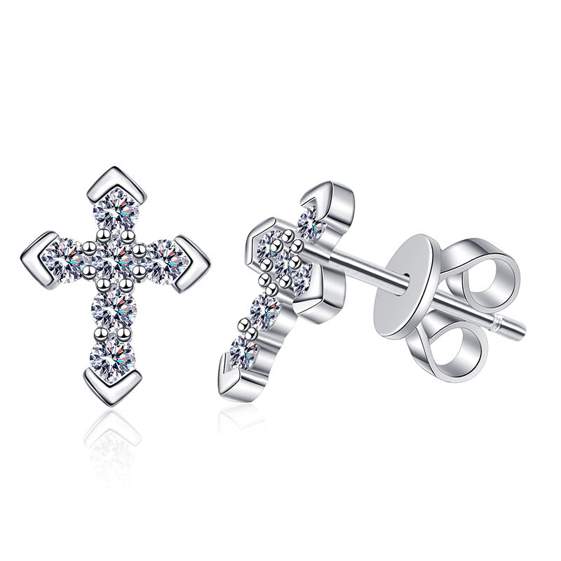 The 925 Silver Moissanite Cross Earrings displayed on a white background, clearly showcasing their design and sparkling details.