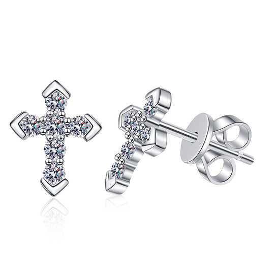 The 925 Silver Moissanite Cross Earrings displayed on a white background, clearly showcasing their design and sparkling details.