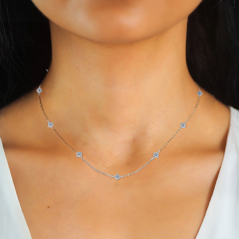 Model wearing the 925 Silver Moissanite Gypsy Necklace, demonstrating its stylish appearance and perfect fit for any occasion.