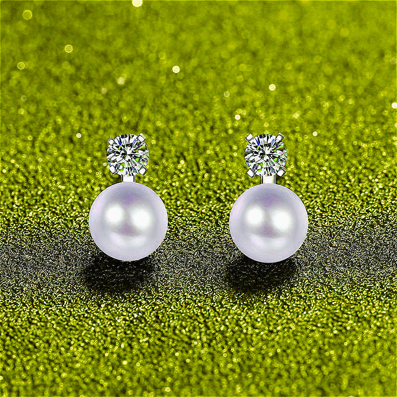  Front view of 925 silver inlaid moissanite with natural pearl stud earrings, showcasing their noble and elegant design.