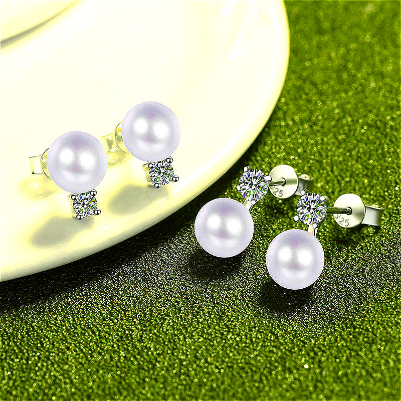 Side view of the 925 silver moissanite and natural pearl stud earrings, highlighting their refined profile and quality craftsmanship.