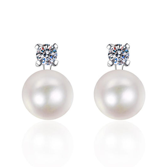 925 silver inlaid moissanite with natural pearl stud earrings displayed on a white background, emphasizing their exquisite design and noble aesthetic.
