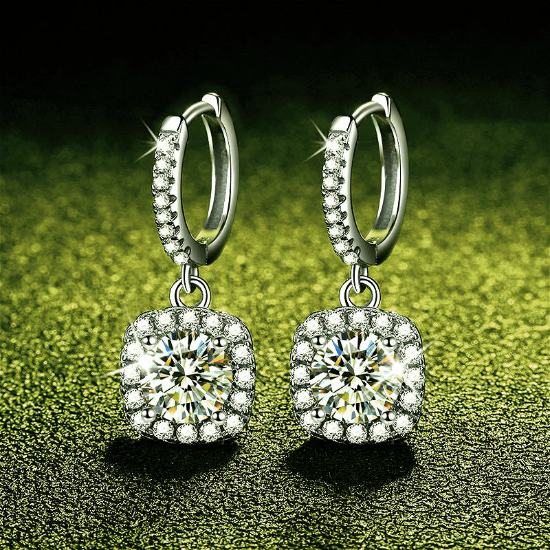  Front view of 925 silver inlaid square moissanite pendant earrings, showcasing their elegant and stylish design.