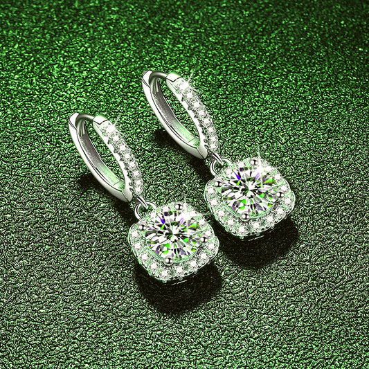 Side view of the 925 silver inlaid square moissanite pendant earrings, highlighting their refined profile and sparkling moissanite.
