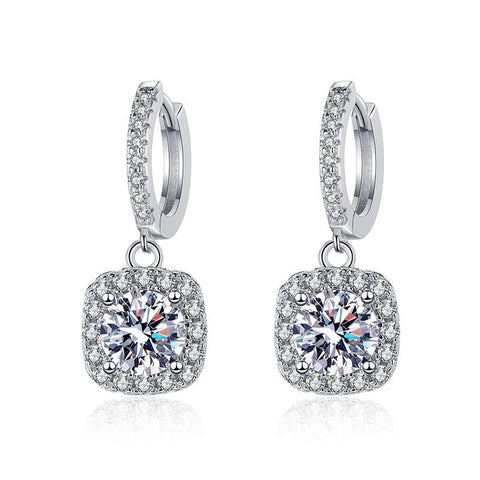  925 silver inlaid square moissanite pendant earrings displayed on a white background, emphasizing their stylish design and dazzling sparkle.