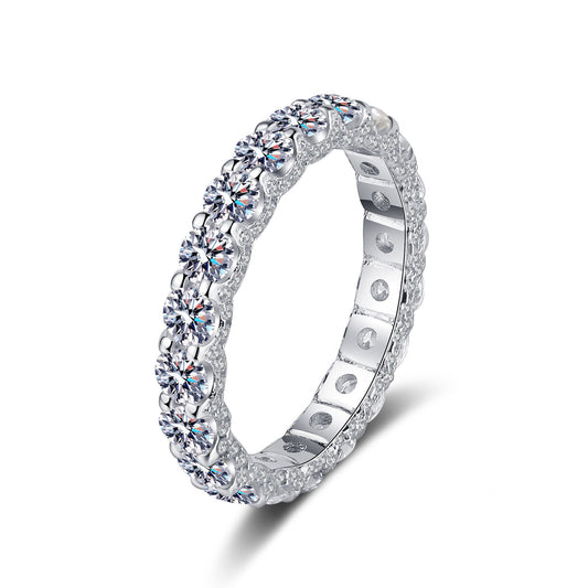 925 silver moissanite ring displayed on a white background, capturing its shine and elegance in a minimalist setting.