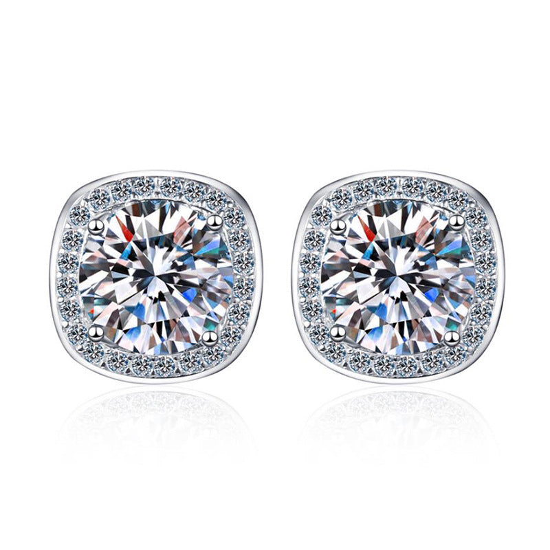  925 silver inlaid 1 carat moissanite square stud earrings displayed on a white background, emphasizing their exquisite design and lasting sparkle.