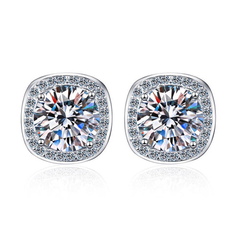  925 silver inlaid 1 carat moissanite square stud earrings displayed on a white background, emphasizing their exquisite design and lasting sparkle.