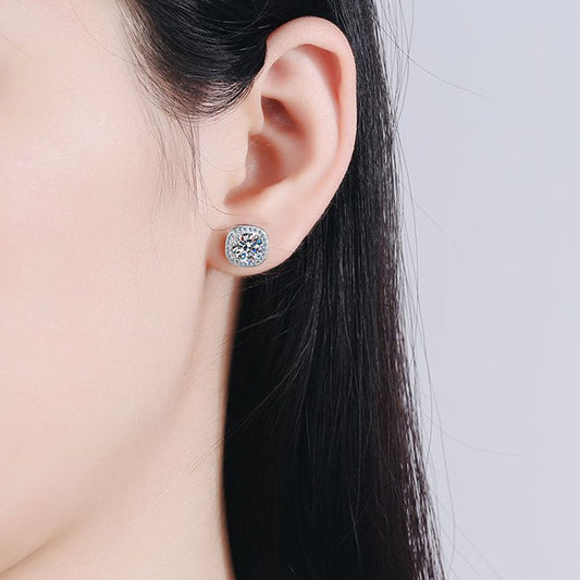 Model wearing the 925 silver moissanite square stud earrings, illustrating their elegance and stylish appearance in everyday wear.