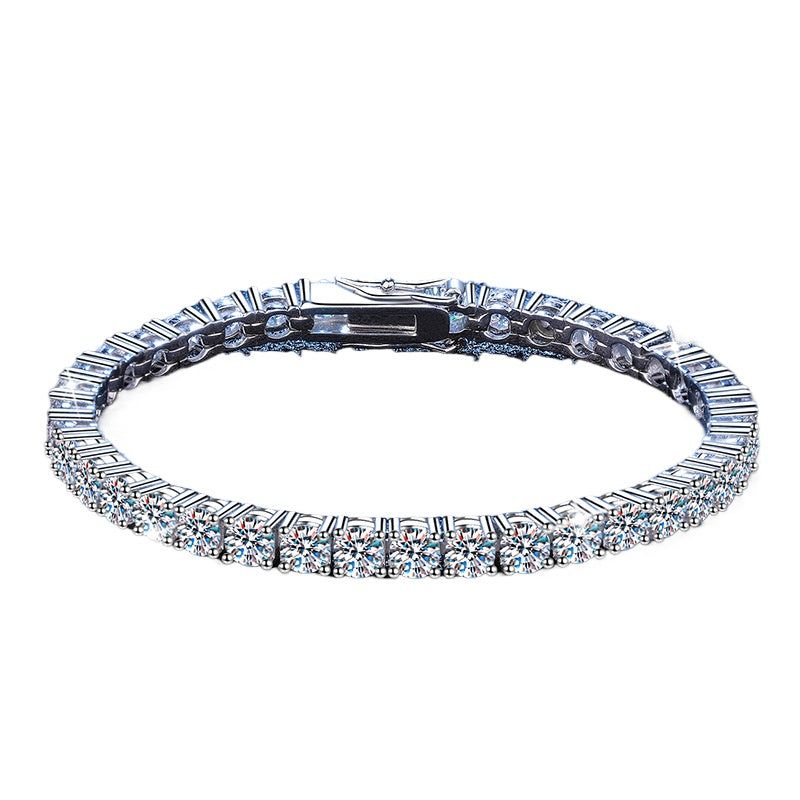 925 silver moissanite tennis bracelet displayed on a white background, capturing its shine and luxurious design in a clean presentation.