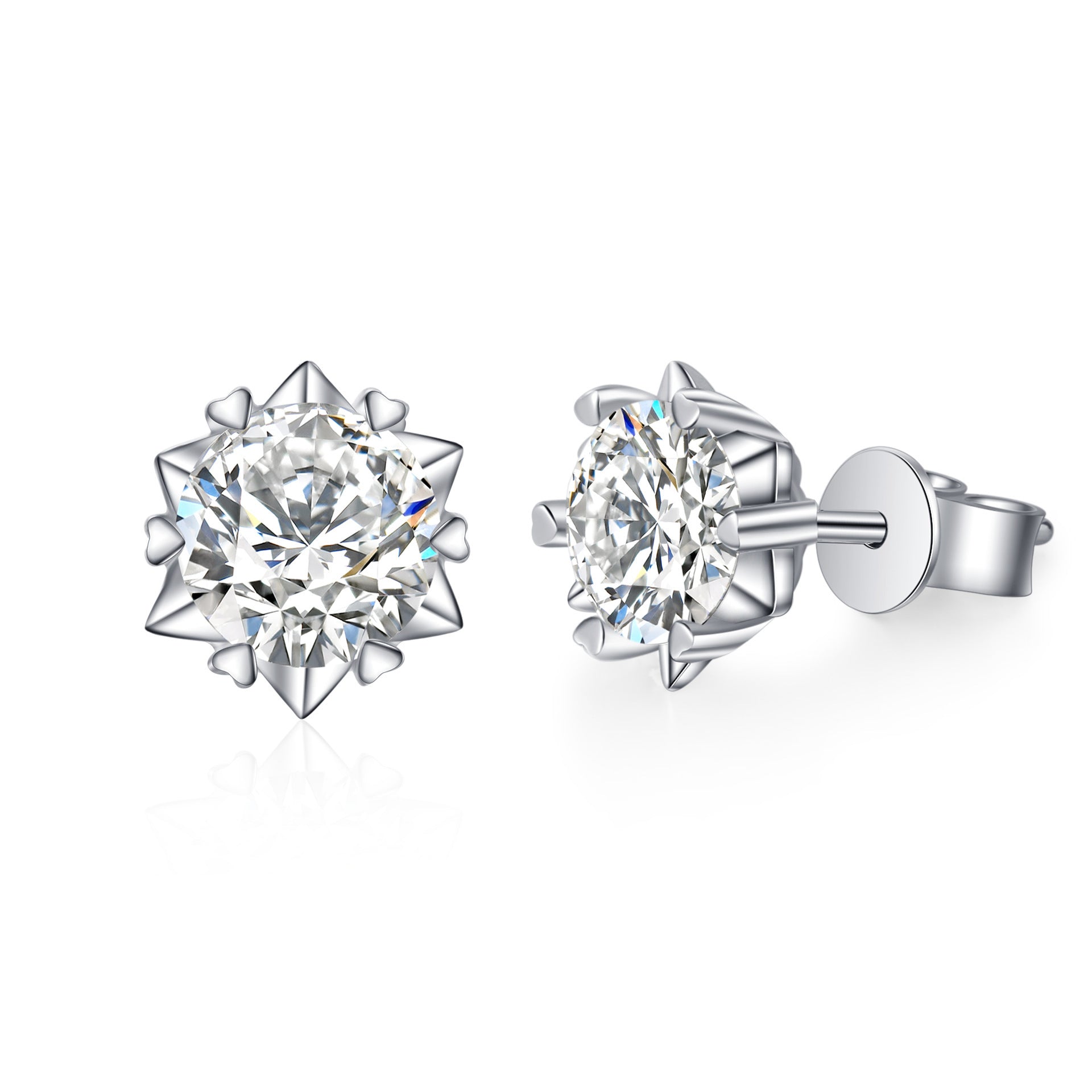 925 silver snowflake moissanite stud earrings displayed on a white background, providing a clear view of their design and sparkling elegance.