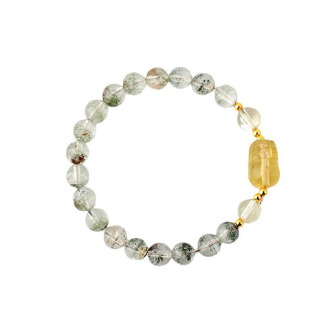  Natural Green Ghost Citrine Pixiu Bracelet displayed against a white background, emphasizing its colors and design features.