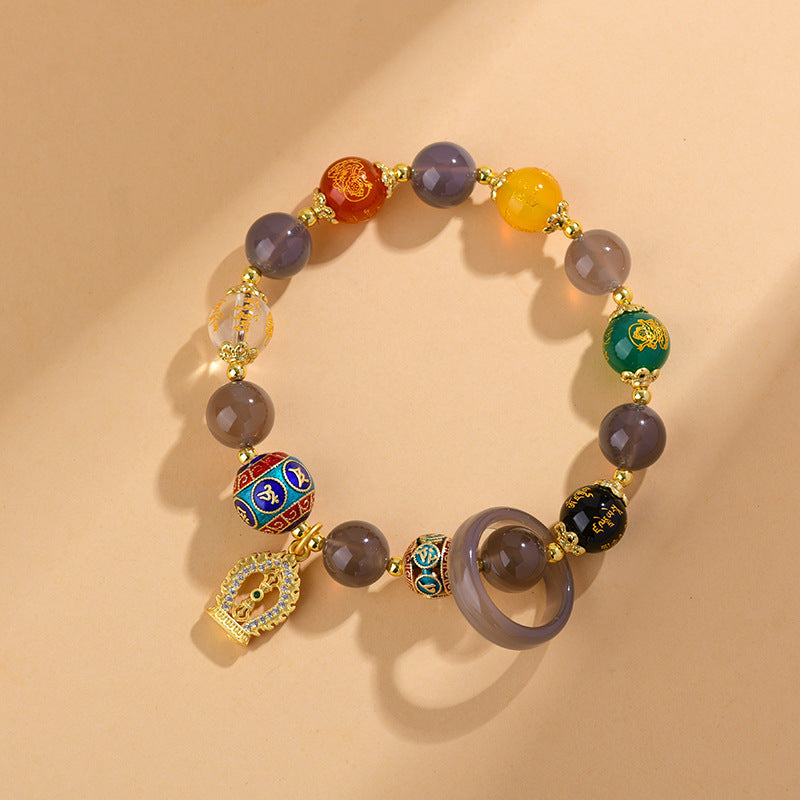 Five-way God of Wealth Bracelet - Natural five-color agate and colored diamond diamond pestle pendant, help luck and fortune