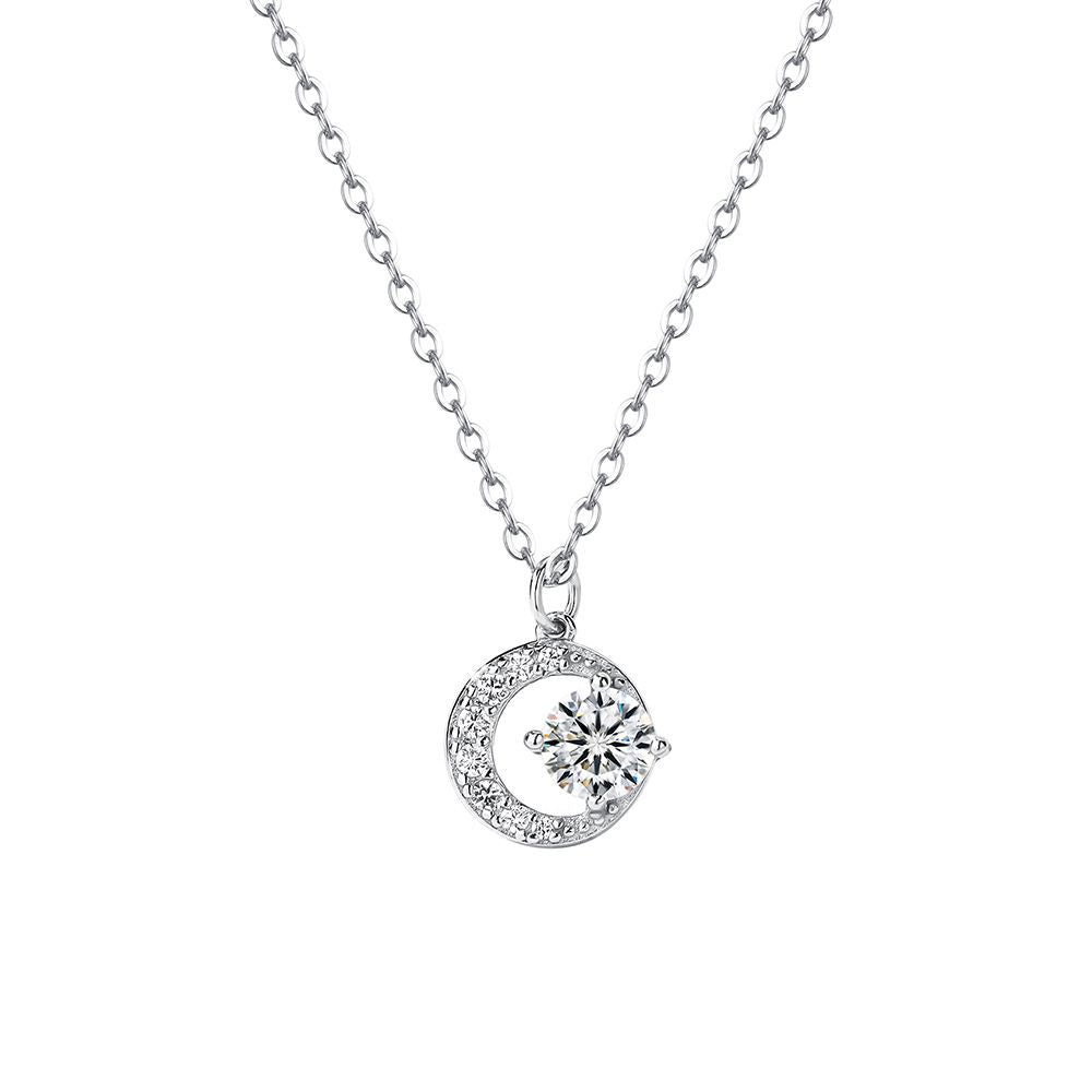 Front view of the 999 Silver Crescent Moissanite Pendant Necklace, featuring a beautifully designed crescent moon adorned with shimmering moissanite, capturing the essence of elegance in moonlight.