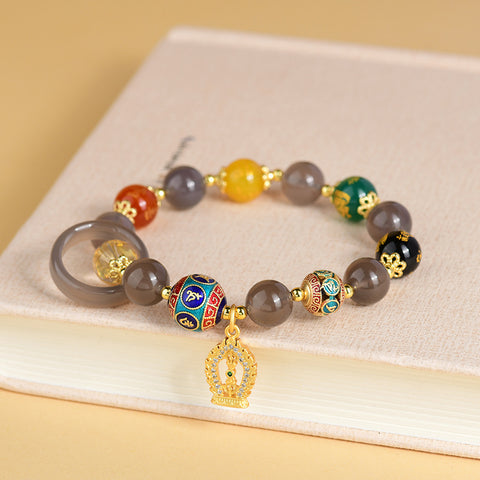  Front view of the Five-way God of Wealth Bracelet featuring natural five-color agate beads and a colored diamond pestle pendant, showcasing its vibrant colors and craftsmanship.