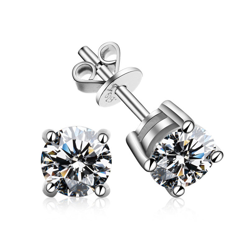 Classic 925 Sterling Silver Four-Claw Moissanite Stud Earrings displayed on a white background, showcasing their classic simplicity and the stunning sparkle of the moissanite.