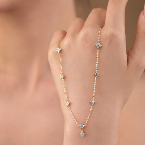 Model wearing the Exquisite 925 Silver Four-Leaf Clover Zircon Necklace, illustrating its elegance and how it complements various outfits with a touch of luck.