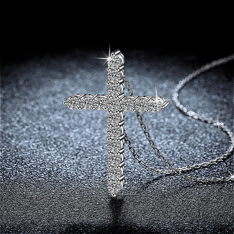 Side view of a 925 sterling silver cross necklace, highlighting the intricate craftsmanship and the brilliance of the moissanite stones