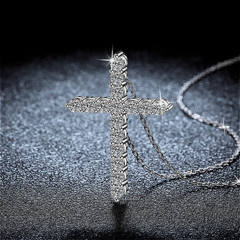 Side view of a 925 sterling silver cross necklace, highlighting the intricate craftsmanship and the brilliance of the moissanite stones