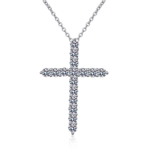 925 sterling silver cross necklace with moissanite stones displayed on a white background, highlighting its elegance and shine