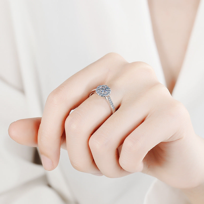 Model wearing the 925 silver 2-carat moissanite engagement ring, illustrating its elegance and perfect fit for the occasion.