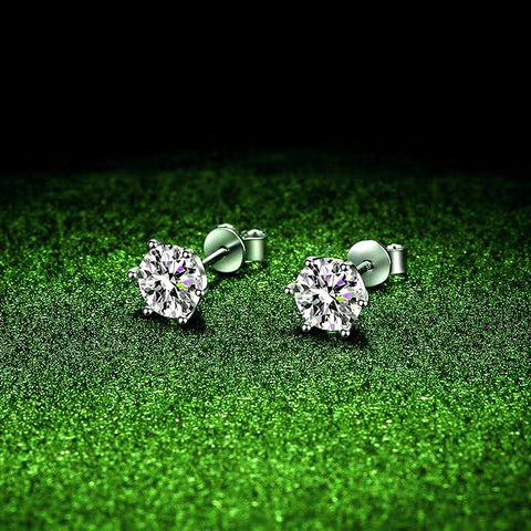 Front view of Classic 925 Silver 1-Carat Moissanite Six-Claw Earrings, showcasing the elegant design and sparkling moissanite stones, epitomizing shining luxury.