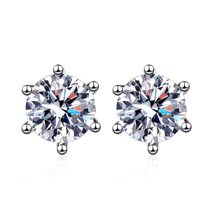 Classic 925 Silver 1-Carat Moissanite Six-Claw Earrings displayed on a white background, showcasing their timeless elegance and the striking brilliance of the moissanite stones